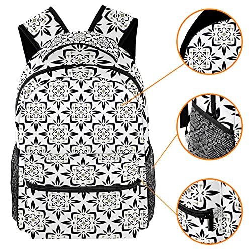 Sac à dos bohème noir et blanc imprimé géométrique avec porte-bouteille pour campus