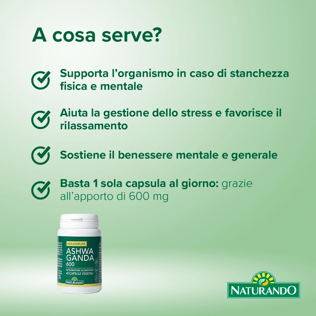Naturando Maximum ASHWAGANDA 600 Integratore alimentare, con Ashwaganda, ottima in caso di stanchezza fisica e mentale – Flacone da 40 capsule vegetali