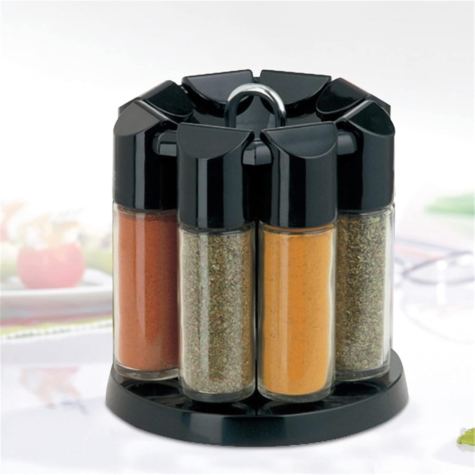 Portaspezie girevole a 360°, con 8 barattoli per spezie, autoportante, organizer per spezie e erbe aromatiche, elegante soluzione da cucina (nero/trasparente)