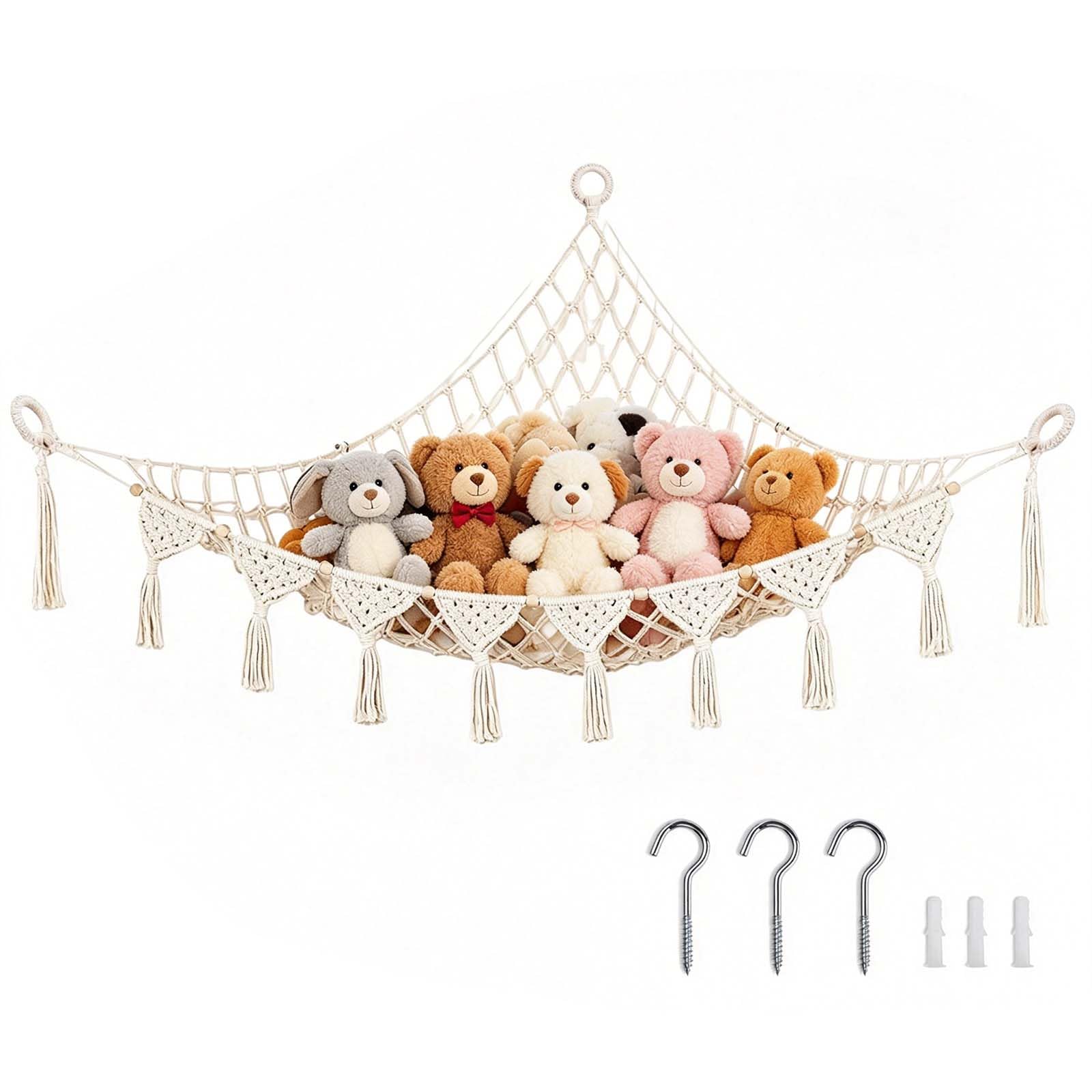 Solvio Toy Hammock for Stuffed Animals, Boho Macrame Soft Toy Storage Net, Hammock Holder for Kids Room, Nursery and Bedroom Decorations