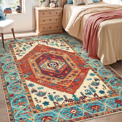 SERISSA Area Rug 3x5 Boho Orange Rugs for Bedroom, Washable Non-Slip Kitchen Rugs, Ultra Soft Print Distressed Tribal Entry Rug Low-Pile Throw Rug Carpet for Bedroom Nursery Living Room Dorm Decor