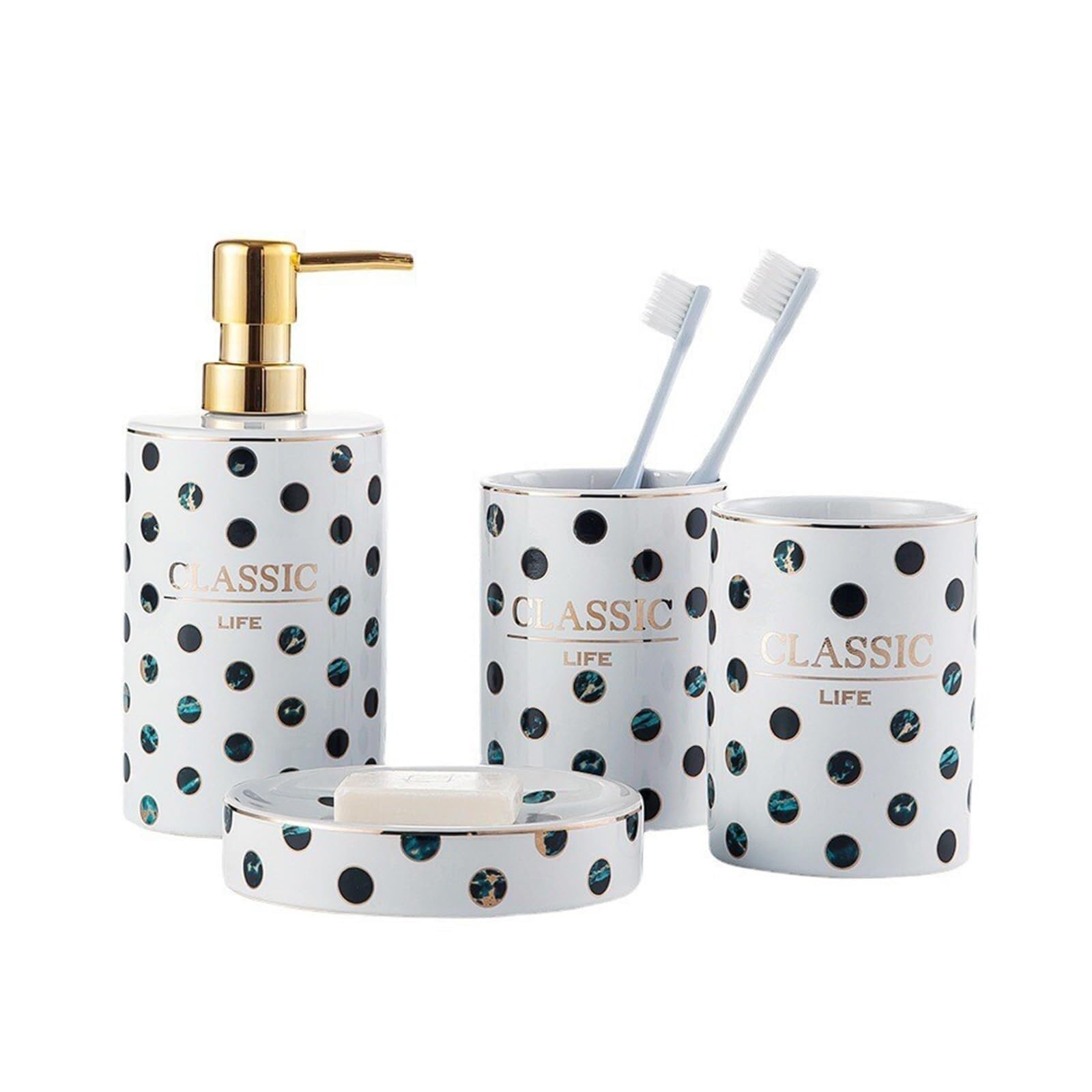 Set di accessori per il bagno Set da bagno in ceramica verde, 4 pezzi, dispenser di sapone con piattino e 2 bicchieri for spazzolini Arredamento per gli affittuari(Bathroom Set)