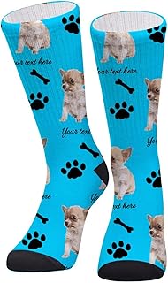 Glohox Customized Dog Face on Socks - Custom Face Socks Gifts for Couple with Dog Tracks Paws Crew Socks with Picture for Men Him