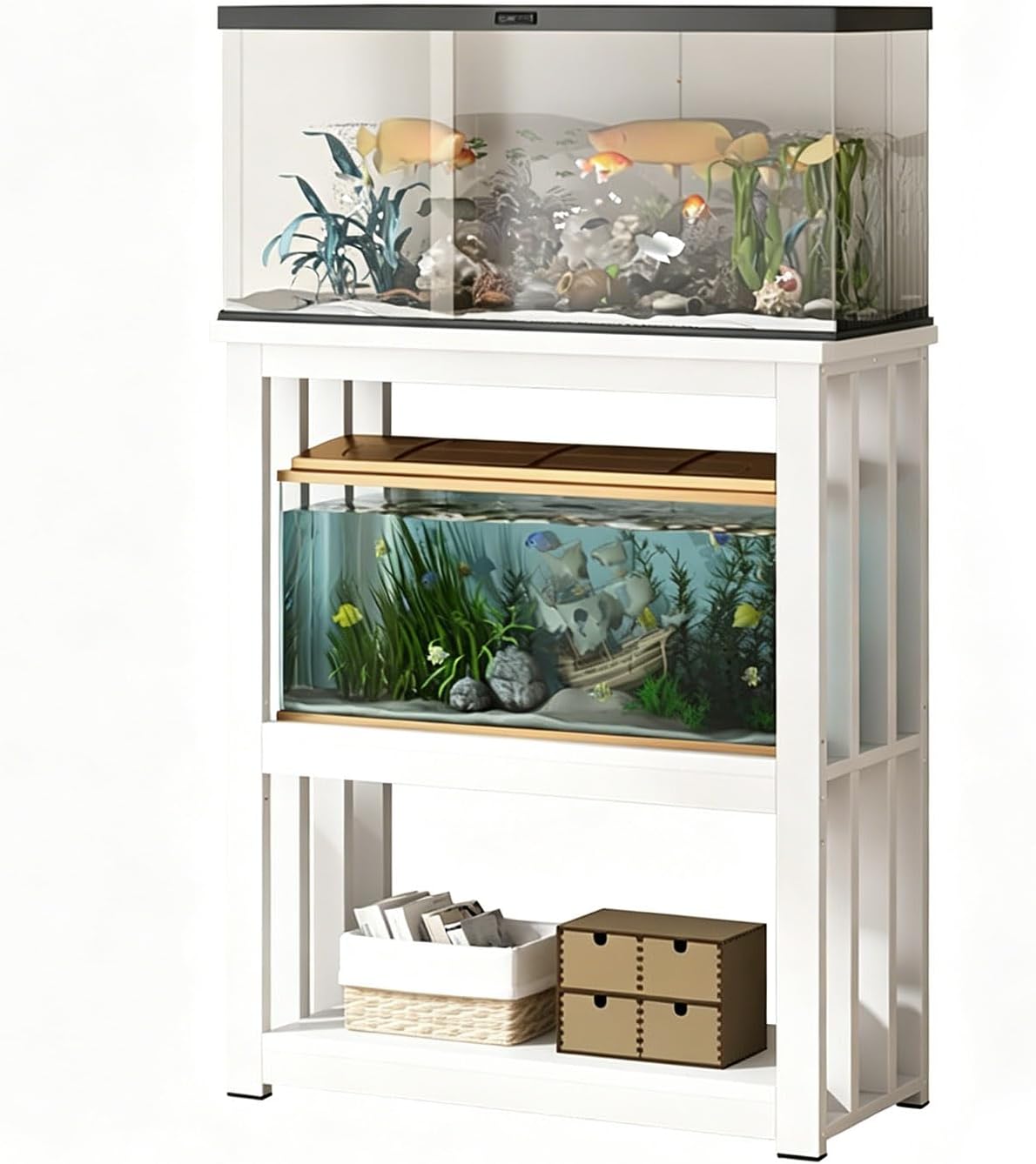 10–40 Gallon Fish Tank Stand, 2 Tier Heavy Duty Metal Aquarium Stand with Storage Shelf, Adjustable Feet, 600 lbs Capacity, Tank Not Included white 50*35cm/19.6*13.7in