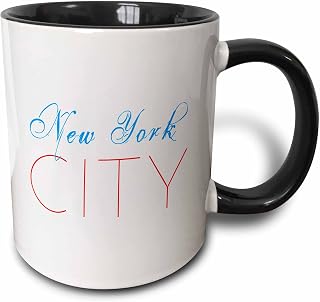 3dRose Blue text New York, red City, white Backdrop 11oz Two-Tone Black Mug