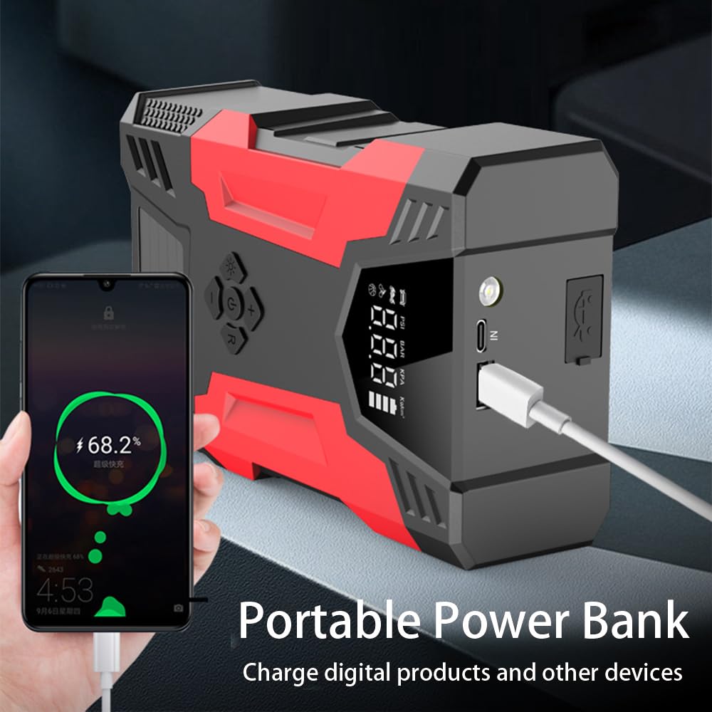 Samochodowy rozrusznik ze sprężarką powietrza przenośna ładowarka powerbank z wyświetlaczem LCD