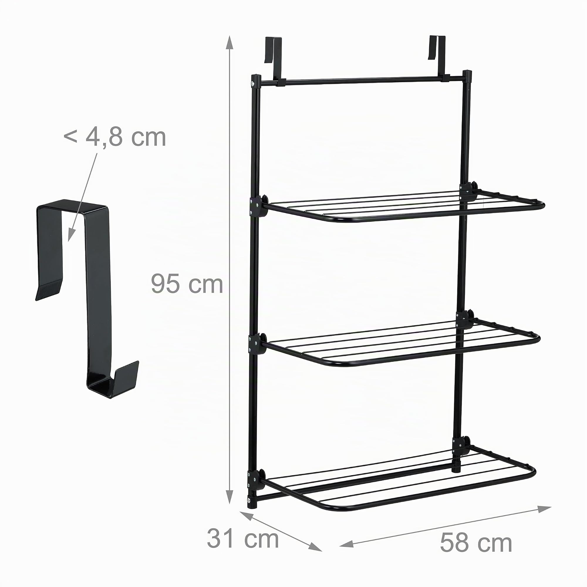 Relaxdays Stendibiancheria da Doccia, Stendino da Appendere Porta, Termosifone, 95x58x31 cm, Spazio Stendere 10 m, Nero