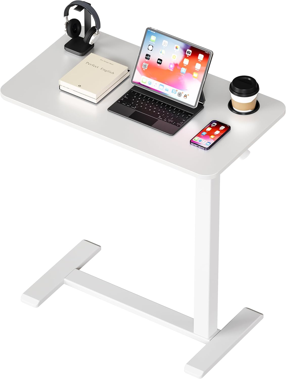 BIZUM Adjustable Bedside Table with Swivel Hidden Wheels Pneumatic Rolling Desk Mobile Standing Desk with Cup Holder for Hospital Home(27.6"x15.8" White)