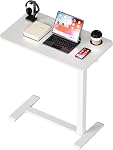 BIZUM Adjustable Bedside Table with Swivel Hidden Wheels Pneumatic Rolling Desk Mobile Standing Desk with Cup Holder for Hospital Home(70cmx40cm White)