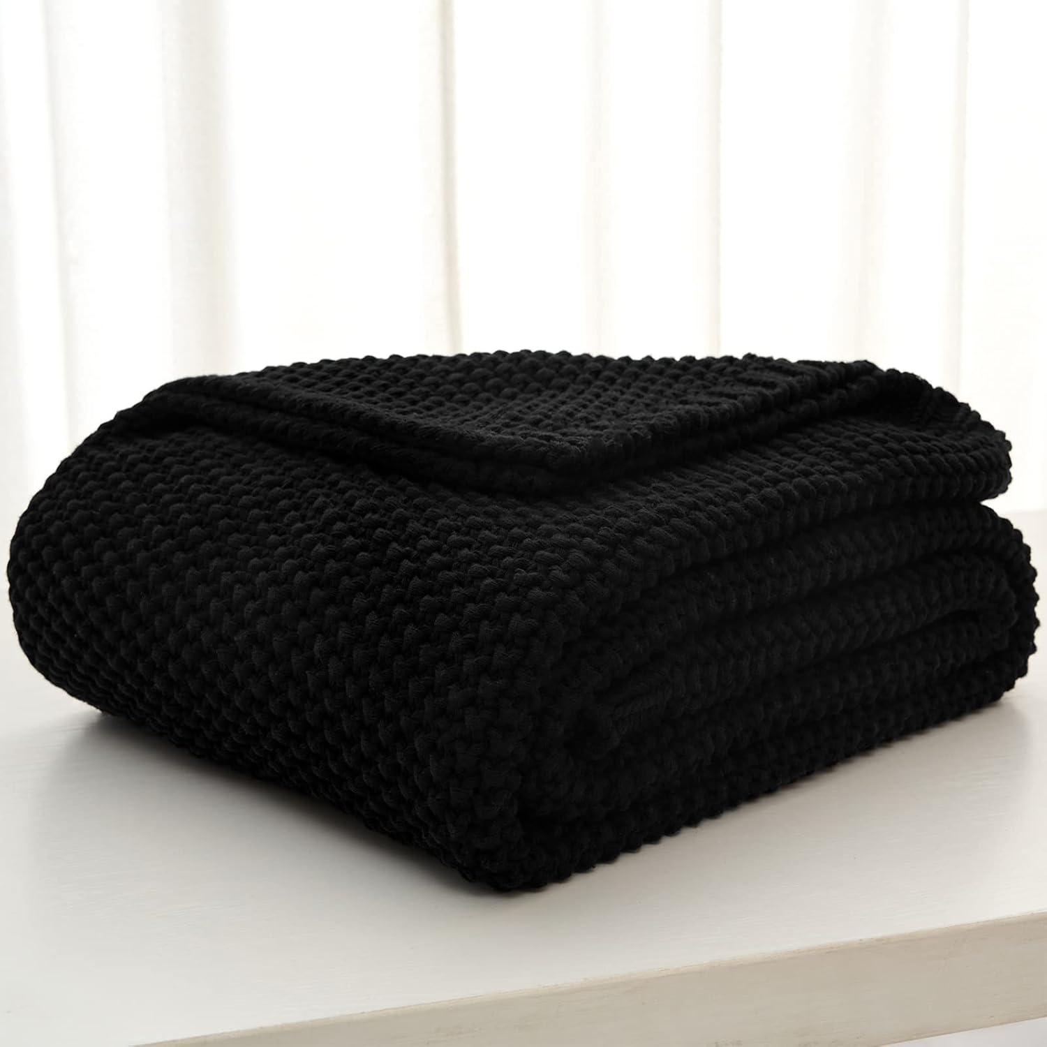 Chunky Cable Knit Throw Blanket Lightweight Black 100% Organic Cotton Blanket for Sofa Couch Bed Baby Nursery, Rustic Shabby Chic Modern Farmhouse, 51” x 63” Give Laundering Bag - Image 4