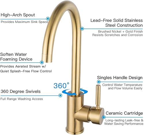 Miniatura 6 de Grifo de fregadero de cocina de bar dorado cepillado GAPPO 360 plomo de una sola manija grifo de baño de preparación de grifo de cocina en acero