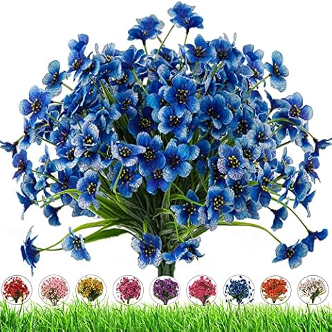 DRT DERUITAI Artificial Outdoor Flowers,8 Bundles Outdoor Fake Flowers UV Resistant Faux Outdoor Plastic Flower Plants for Outside Indoor Décor(Blue) Cover