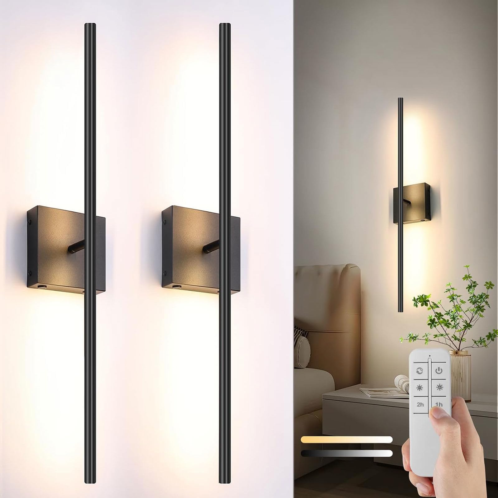 Lai Ho Black Xlerdzsw Battery Operated Led Wall Sconces Set Of Two, Rechargeable With Remote Control 3000K-6000K Dimmable 350° Rotate, Wall Light For Living Room Stairs Hallway Bedroom