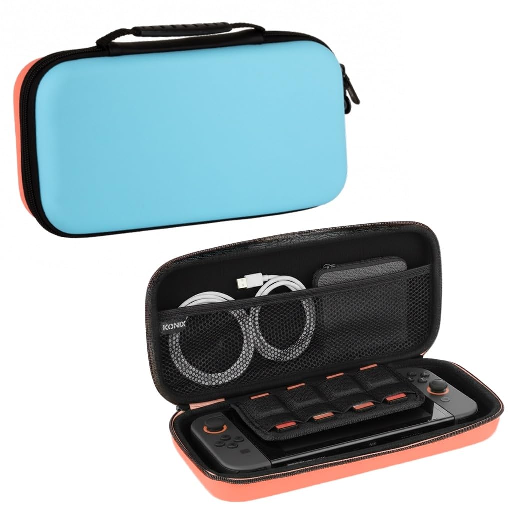 Konix Schutzhülle und Transporttasche Carry Bag Nintendo Switch 2 - Zubehörnetz - 8 Spielefächer - Hellblau und Hellrot