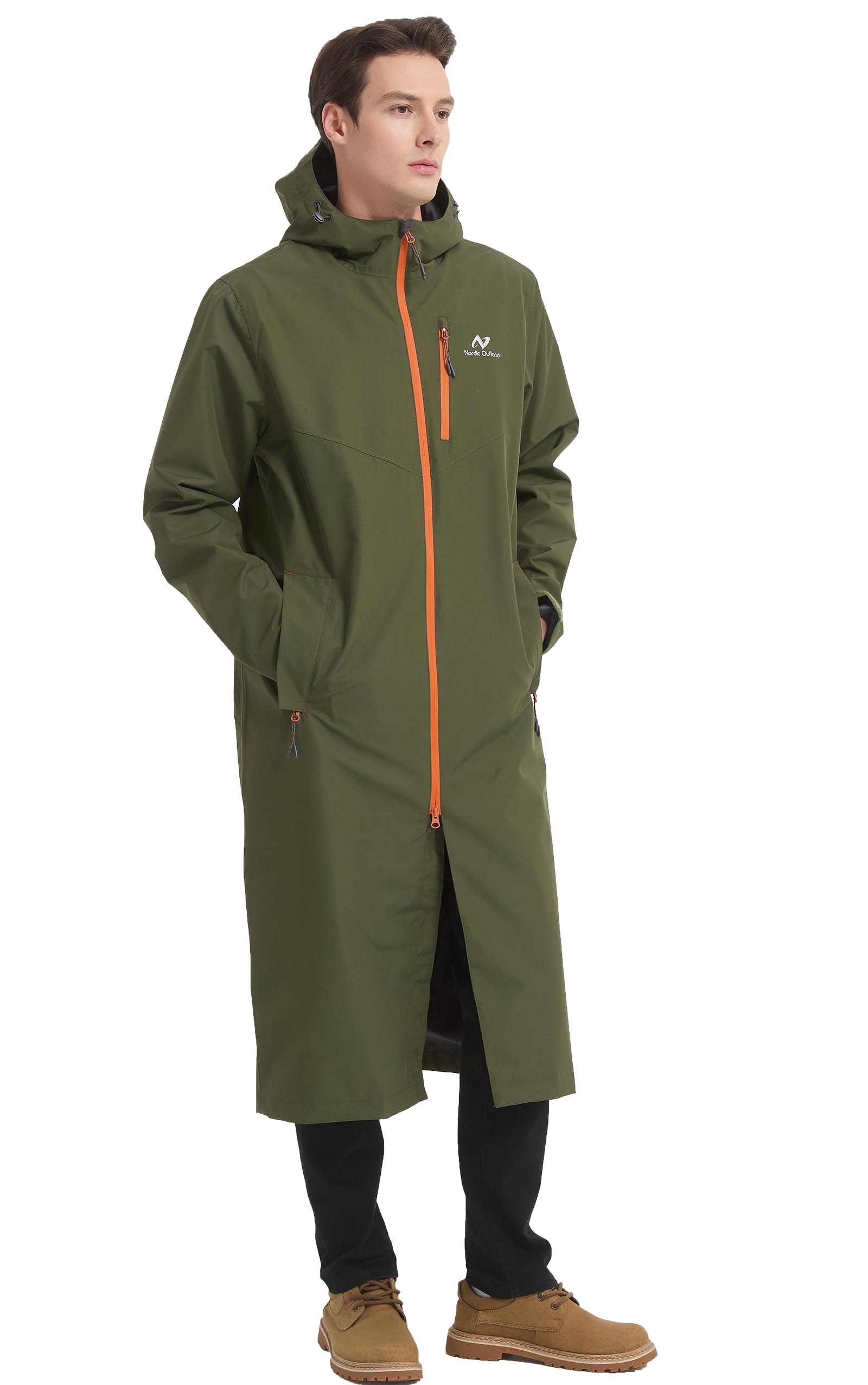 NORDIC OUTLAND Rain Jacket Men,Waterproof Breathable Long Raincoat with Hood Mesh Lining,Windbreaker for outdoor activities