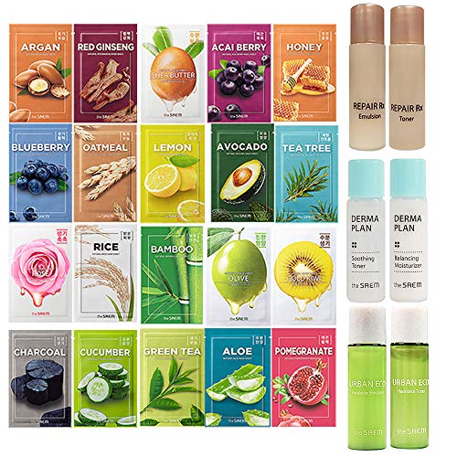 [THESAEM] Natural Facial Mask Sheet 21ml Variety Pack + 2PCS of Skincare 5ml Gift Sample (Random) / Korean Skincare, K Beauty (20 Pack)