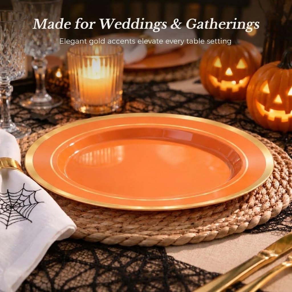  100Pcs Orange & Gold Plastic Plates, 10.25 Inch Disposable Plates thumbnail