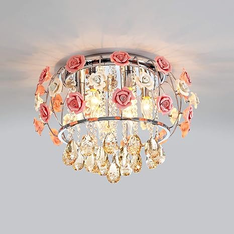 Amazon Co Jp 子供 S ルーム クリスタルシャンデリア と セラミックス 花 E12 モダン ラウンド 天井照明 ロマンチック シンプル さ 天井ランプ For リビング 寝室 シルバー 48 33cm ホーム キッチン
