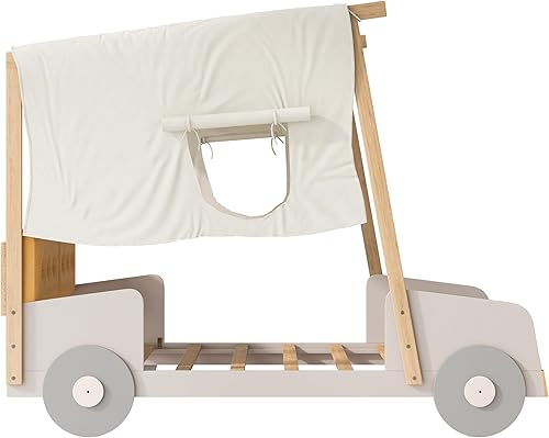 Miniatura 54 de Cama de plataforma clásica en forma de automóvil con ruedas, cama de automóvil de tamaño matrimonial con soporte de listones de madera, marco de
