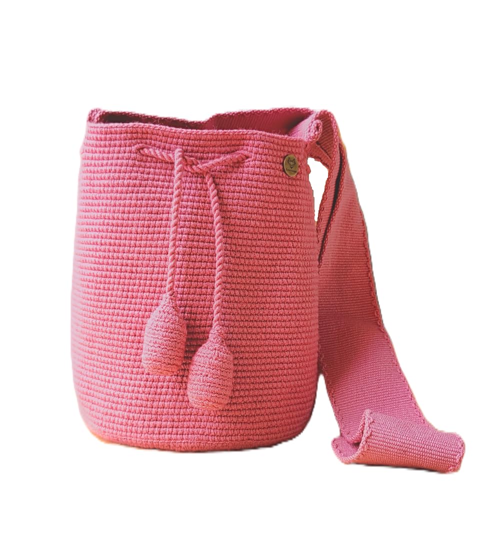 TERRA FUSION Bolso Wayuu hecho a mano | Bolsa Cubo Medio | Bolsa Ética | Rosa, rosa, Medium