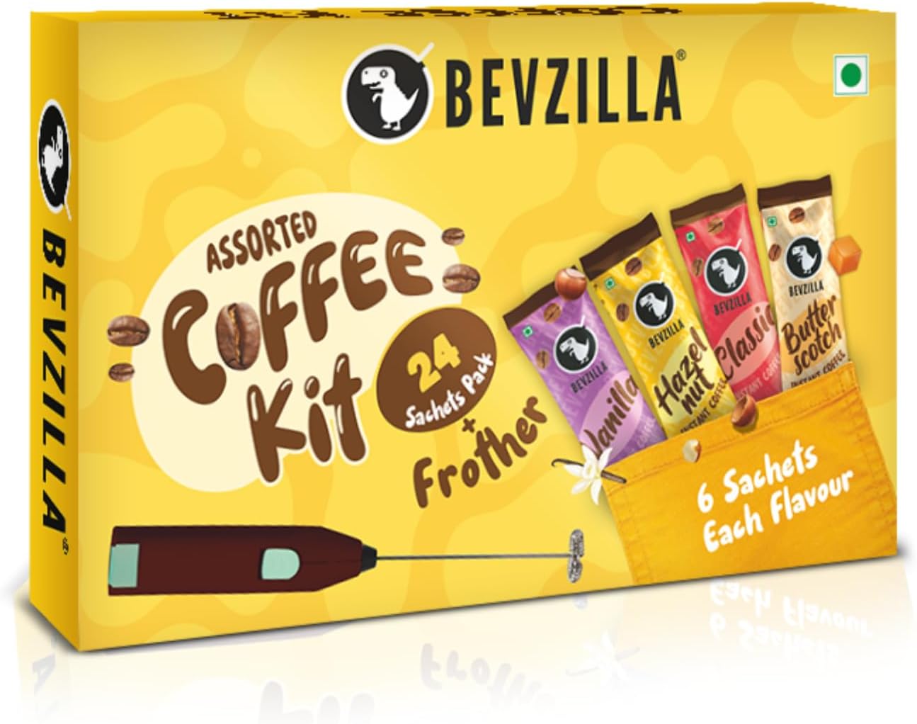 Bevzilla 24 Coffee Sachets & Frother | 24 X 2 Gram Sachets | 6 Pouches Each Flavour | Café Coffee Kit | Classic, Hazelnut, Vanilla & Butterscotch | Arabica Beans | Enjoy Hot & Cold