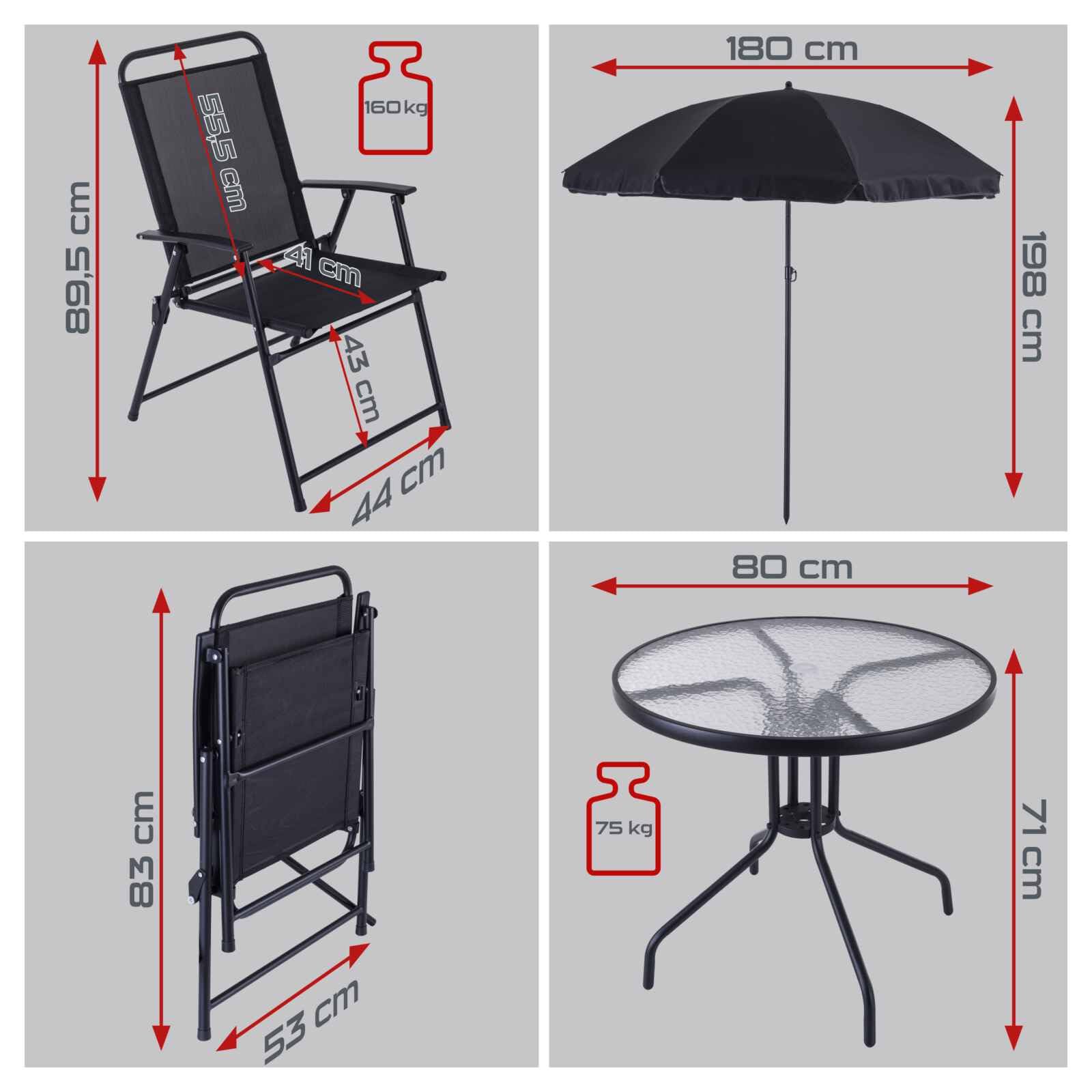 Practixx Salon de Jardin pour Balcon PX-BS-1 – Salon de Jardin 4 Personnes – Ensemble Table et 4 chaises de Jardin – Parasol Inclus – Résistant aux intempéries et aux UV