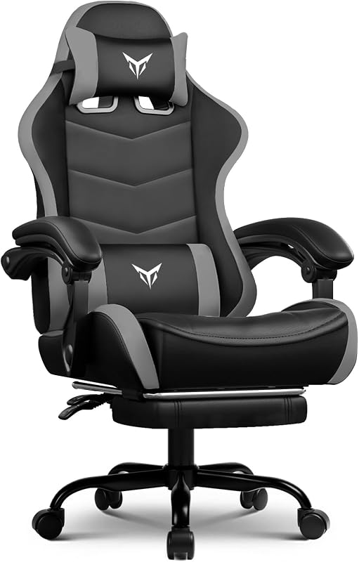 Gaming Chair High Back Computer Chairs with Foot Rest for Adults, Ergonomic Height Adjustable Recliner Chair 300lbs with Linkage Armrest and Lumbar Support for Home Office, Grey