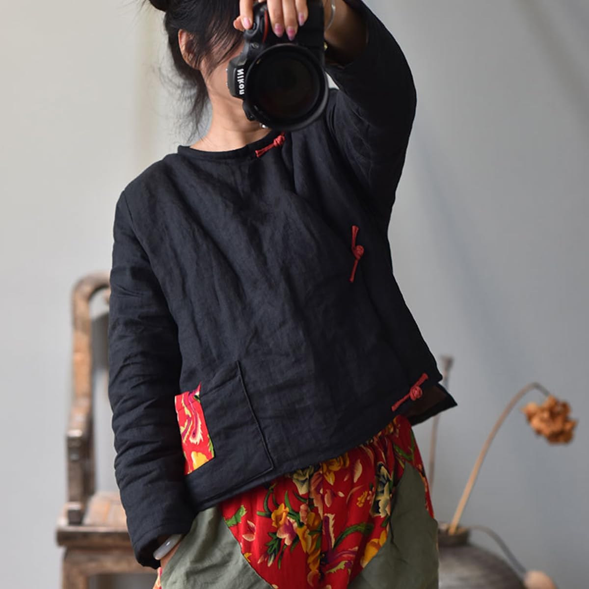 NFYM Traditional Asian Linen Jacket for Women Short Coat Lightweight Quilted with Frog Button Closures and Decorative Patch