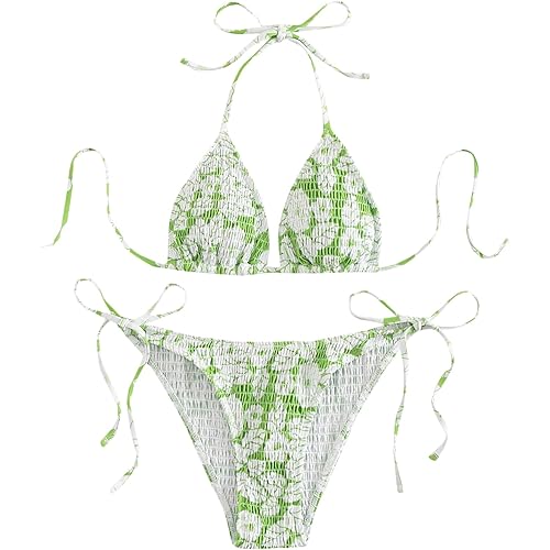 MakeMeChic Women's Halter Tie Side Triangle Bikini Set High Cut 2 Piece Bikini Swimsuit Bathing Suit