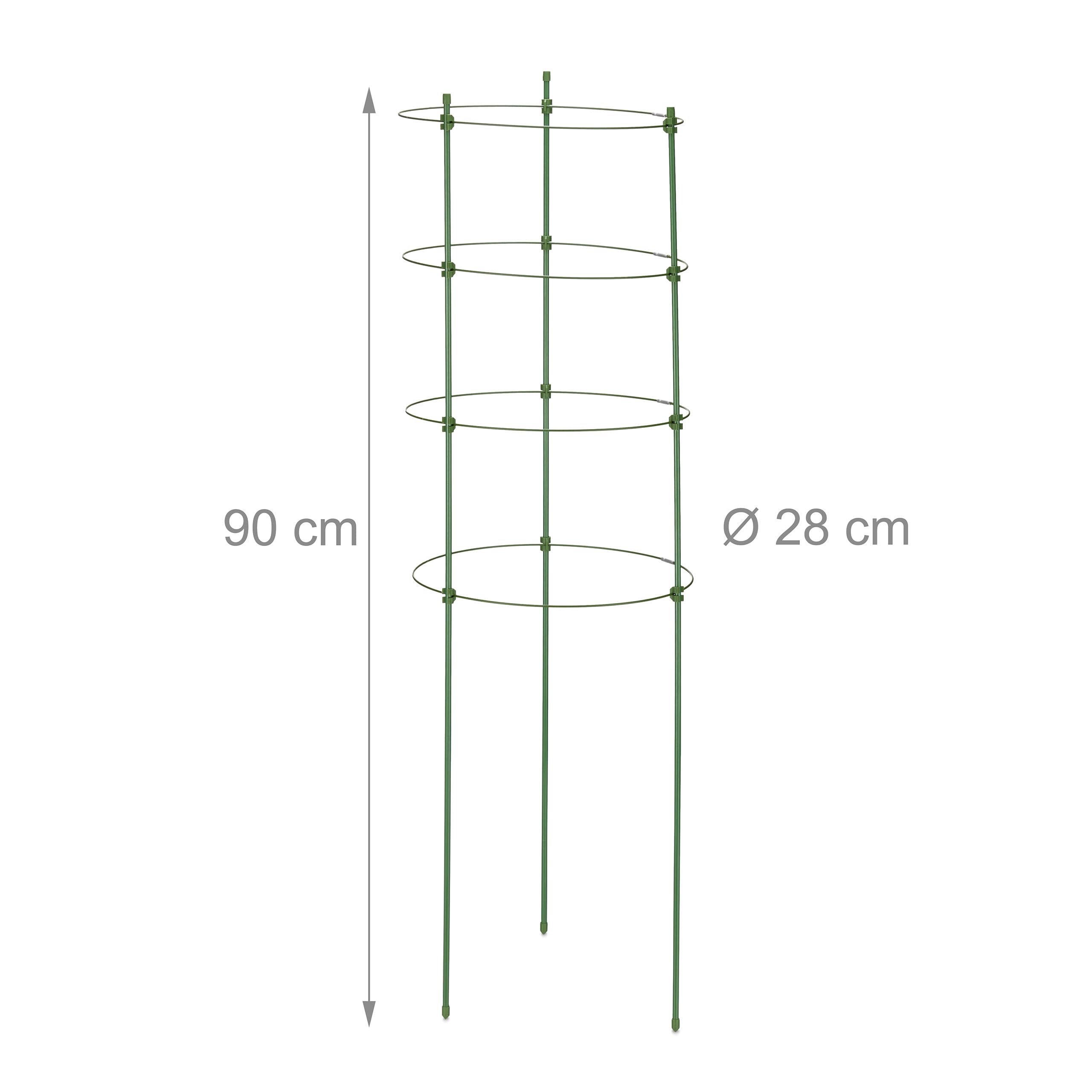 Relaxdays Pack 10 Tutores Plantas, 90 cm Alto, Soporte Enredaderas 4 Anillos, Guía Trepadoras, Metal y Plástico, Verde