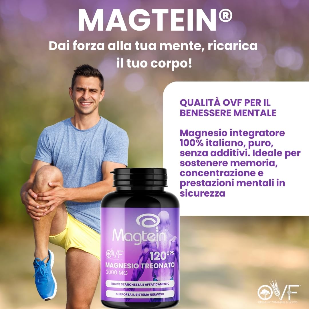 OVF Magnesio Treonato Puro Magtein ® 2000mg 120 Capsule, Magnesio Stanchezza e Sistema Nervoso, Integratore Magnesio L Treonato per Concentrazione, Stanchezza Fisica e Mentale, Senza Zucchero, Vegan