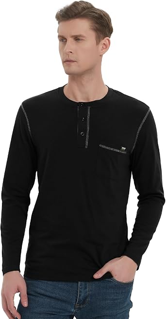 Mens Henley Long Sleeve Shirts Casual Lightweight Pullover, Soft Breathable Cotton Fabric, Basic Button T-Shirt