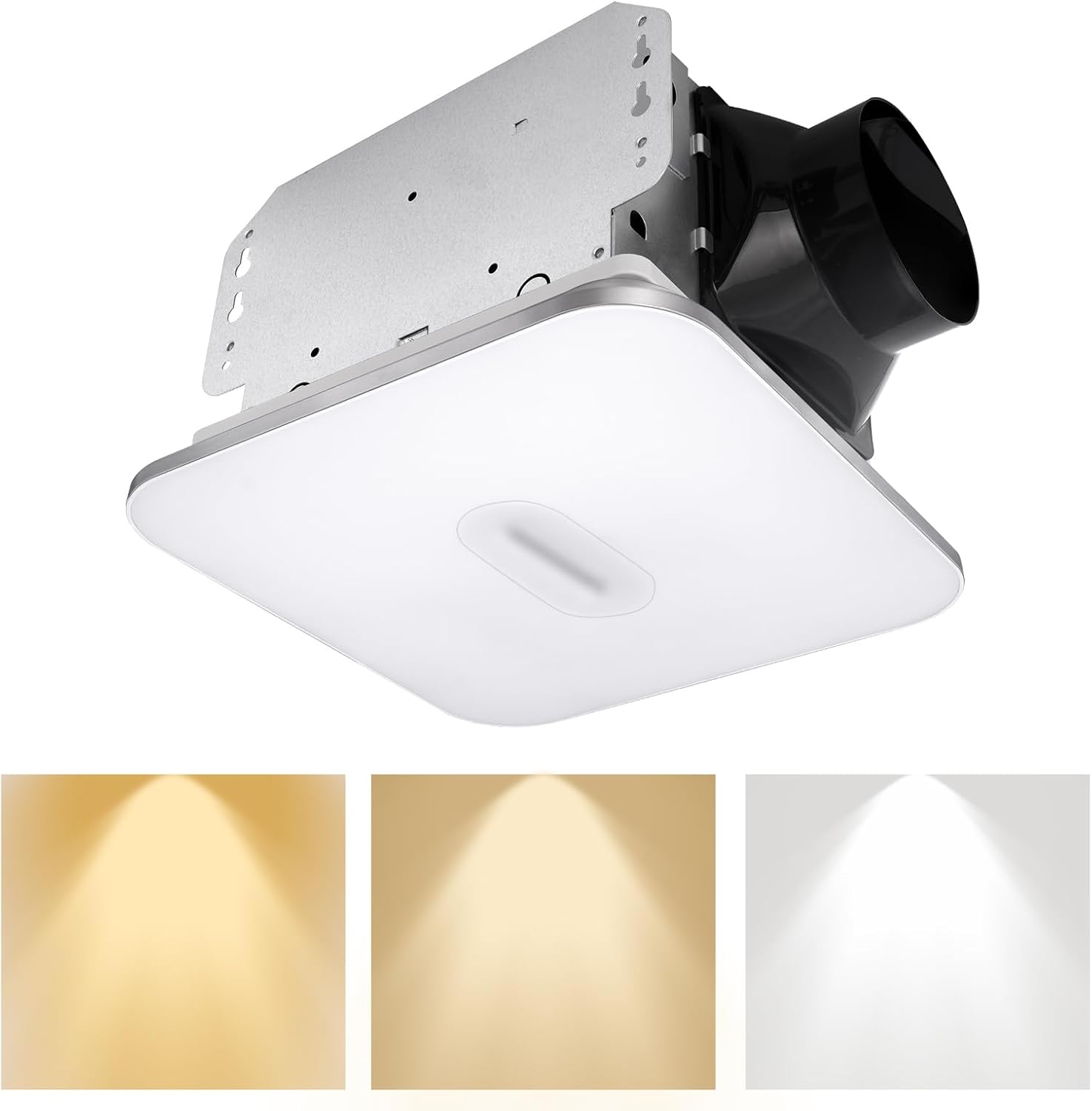 Akicon Bathroom Exhaust Fan with Light, 15W Dimmable 3CCT LED Light with 5W Night Light Bath Fans for Ceiling, 90 CFM, 1.5 Sones Ventilation Fan with Light for Bathroom, Square, Silver