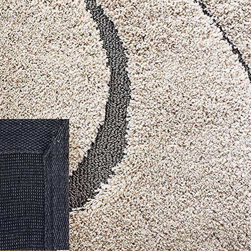 Image of Geometric Wave Shaggy Rectangular Carpet For Living Room,Bedroom,High Low Design Finish Microfiber 1.8 Inch Pile High,7X10 Feet Ivory|Grey Color