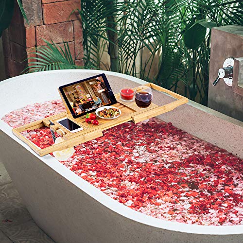 Utoplike Bamboo Bathtub Caddy Tray Bath Tray For Tub, Adjustable Bathroom Bathtub Organizer With Book Tablet Wine Glass Cup Towel Holder,Distinctive Gift (24.5"-37.4") #TOP5