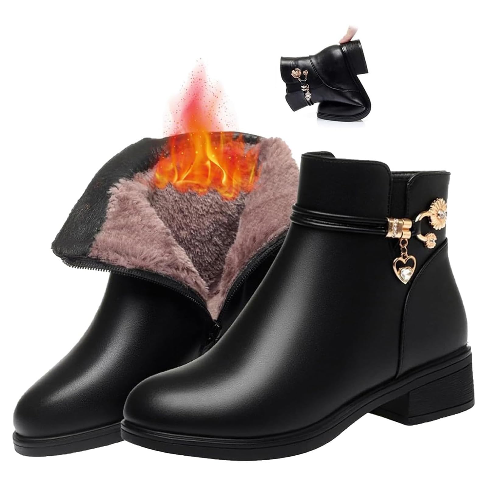 Women's Leather Wool Orthopedic Boots, Waterproof Leather Ankle Boots Winter Warm Rhinestone Block Heel Short Snow Boots (Black, Adult, Women, 2.5, Numeric, UK Footwear Size System, Medium)