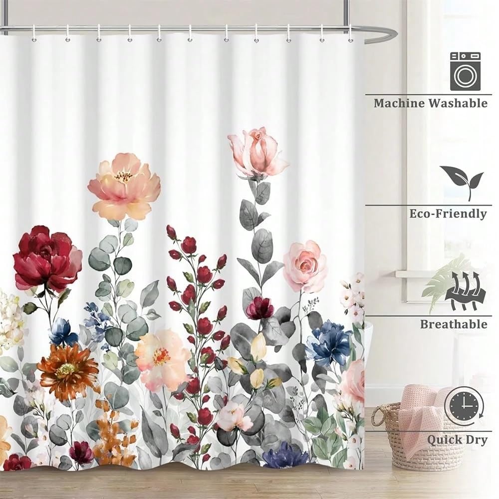 Bunter Duschvorhang mit Blumenmuster für Badezimmer, Aquarellblumen, Pflanzen, modernes 3D-Tintenbild, dekorativer Badewannenvorhang (300 x 180 cm / 118 x 71 Zoll (B x H))