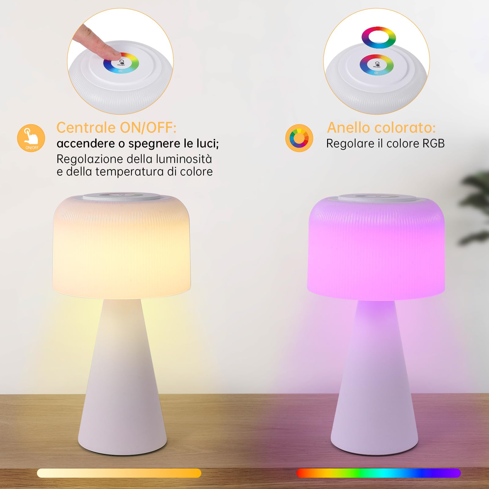 WOWDSGN Lampada da Tavolo a Fungo Ricaricabile - Lampada da Scrivania senza Fili - Infinitamente Dimmerabile 3000K/4000K/5000K/RGB - Batteria 4000mAh - Impermeabile IP44 - Interni/Esterni