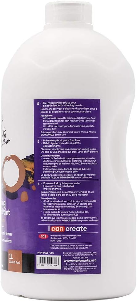 Mont Marte Premium Pouring Acrylic Paint, 1L (33.8oz), Titanium White, Pre-Mixed Acrylic Paint, Suitable for a Variety of Surfaces Including Stretched Canvas, Wood, MDF and Air Drying Clay.