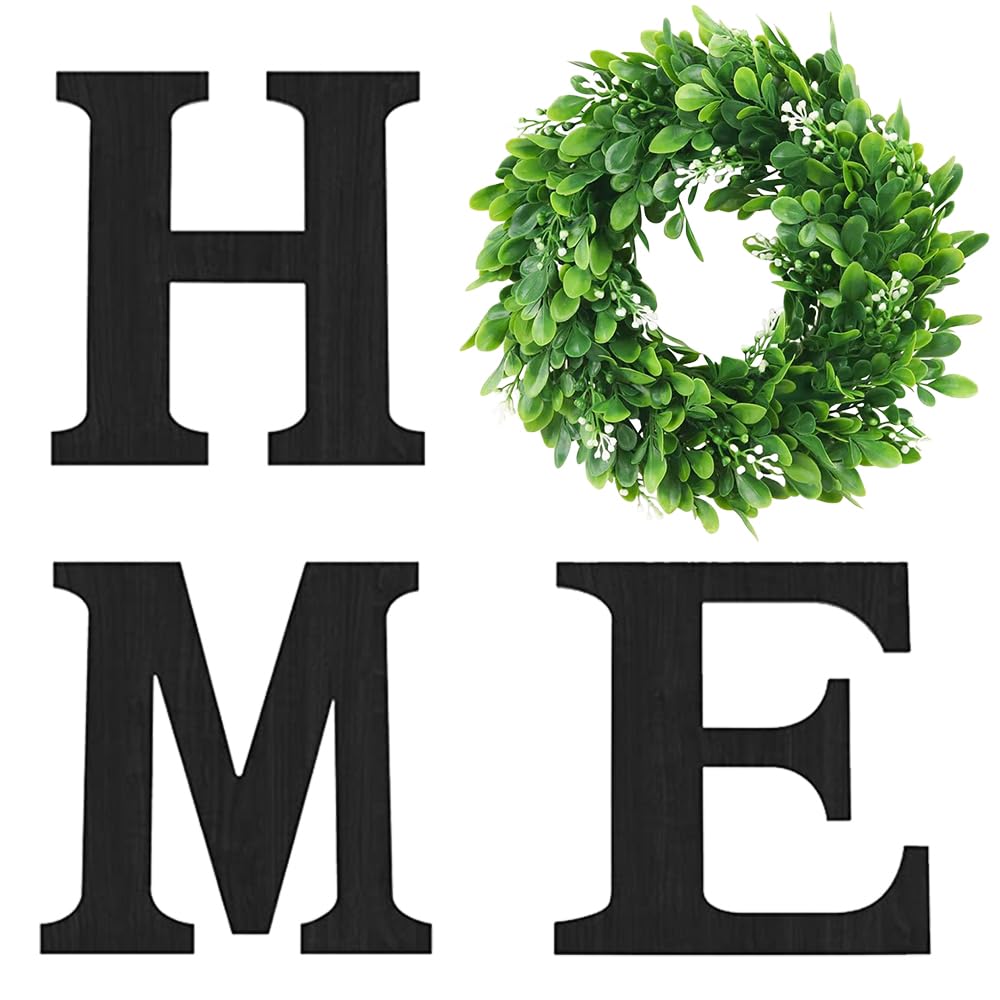 Wooden Home Sign with Artificial Green Wreath for O, Hanging Farmhouse Wall House Decor Wood Letters for Wall Art Rustic Home Decor, Wall Decor for Living Room Kitchen Entryway (Black)