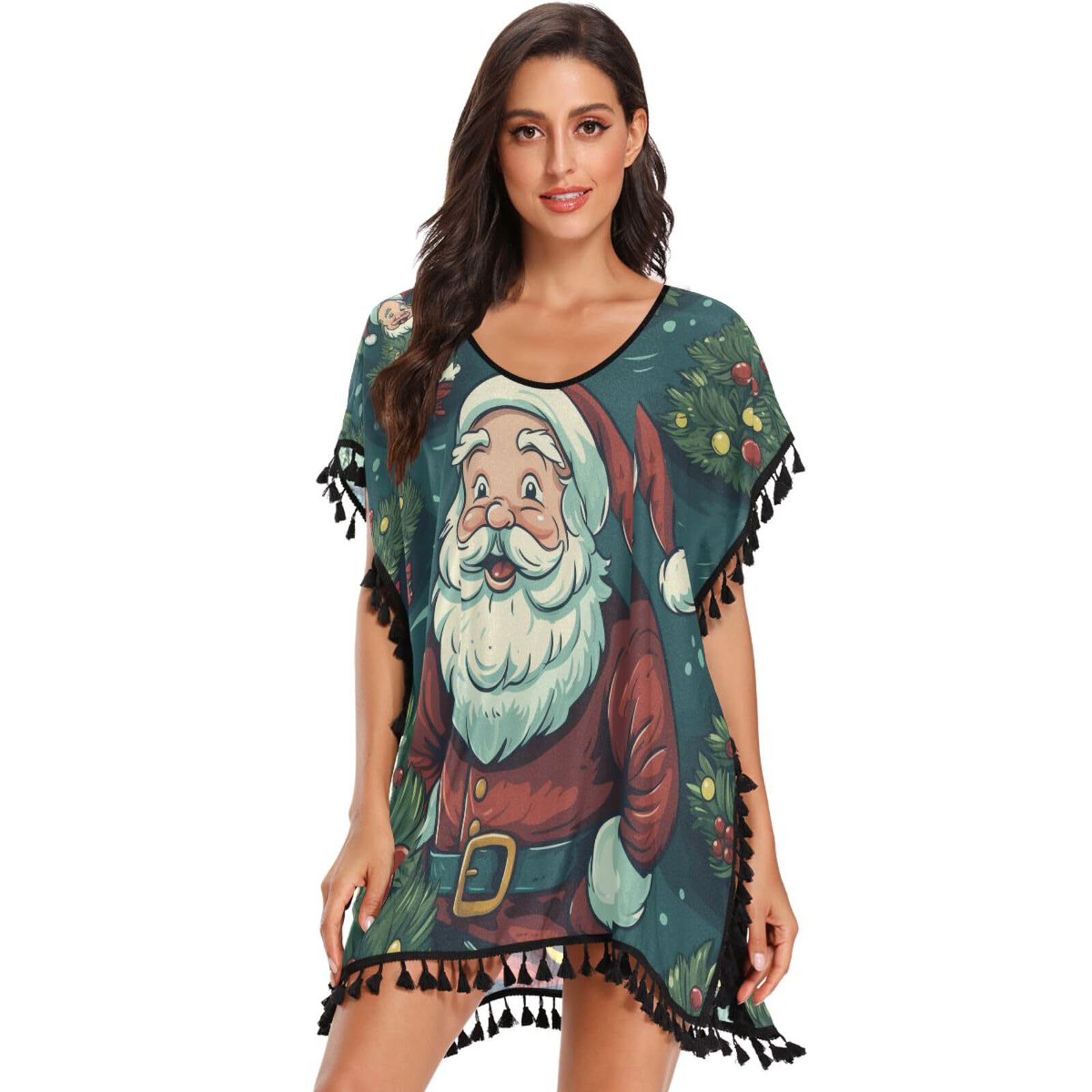 Christmas Art Santa Claus Women's Beach Cover Up Chiffon Tassel Swimwear Swimsuit Coverups for Girl