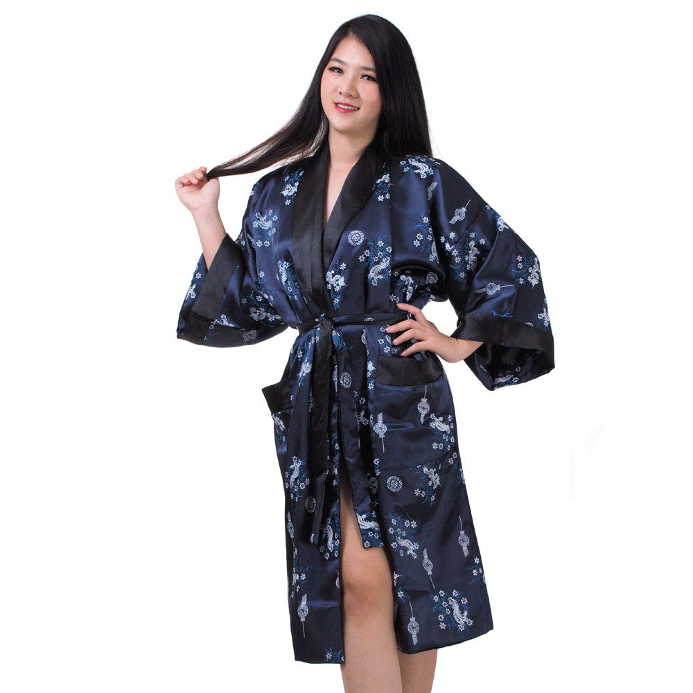 Japanischer Wende-Kimono Satin Morgenmantel für Damen & Herren mit Drachen-Stickerei