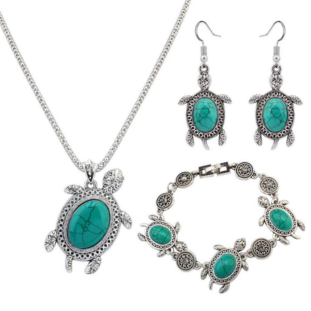 Women Vintage Ethnic Turtle Turquoise Elegant Boho Pendant Necklace Earring Bracelet Jewelry Sets,Green Lovely and attractive