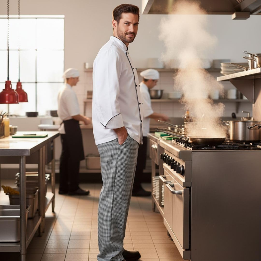 Soro Essentials- Size 32 Poly and Cotton Blend Checkered, Chef Cook Pants Black and White Color- Permanent Press Chef Pants Cooking Pants Chef Pants for Hotel Kitchen Restaurant Work Uniform