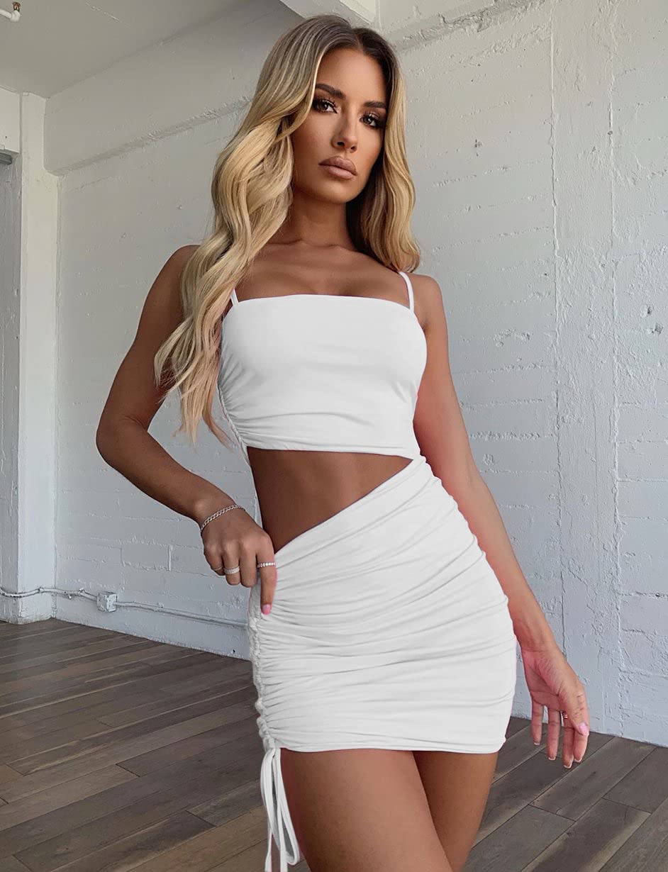 CHYRII Women's Sexy Spaghetti Strap Cutout Ruched Drawstring Club Bodycon Mini Dress White L