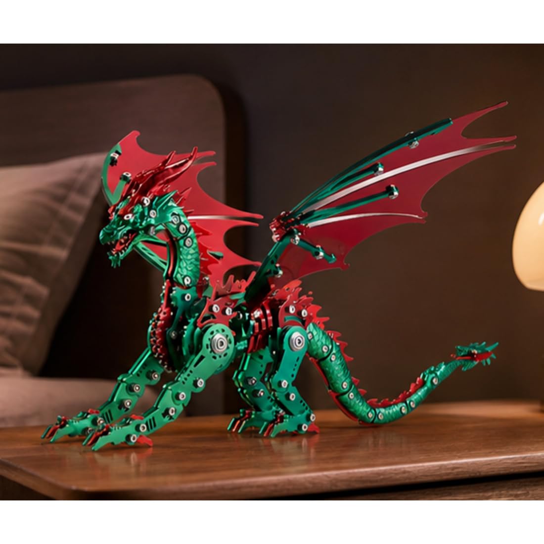 Rompecabezas de metal 3D para adultos, kit de bricolaje para dragón mecánico, regalo único para decoración de escritorio (rojo verde)