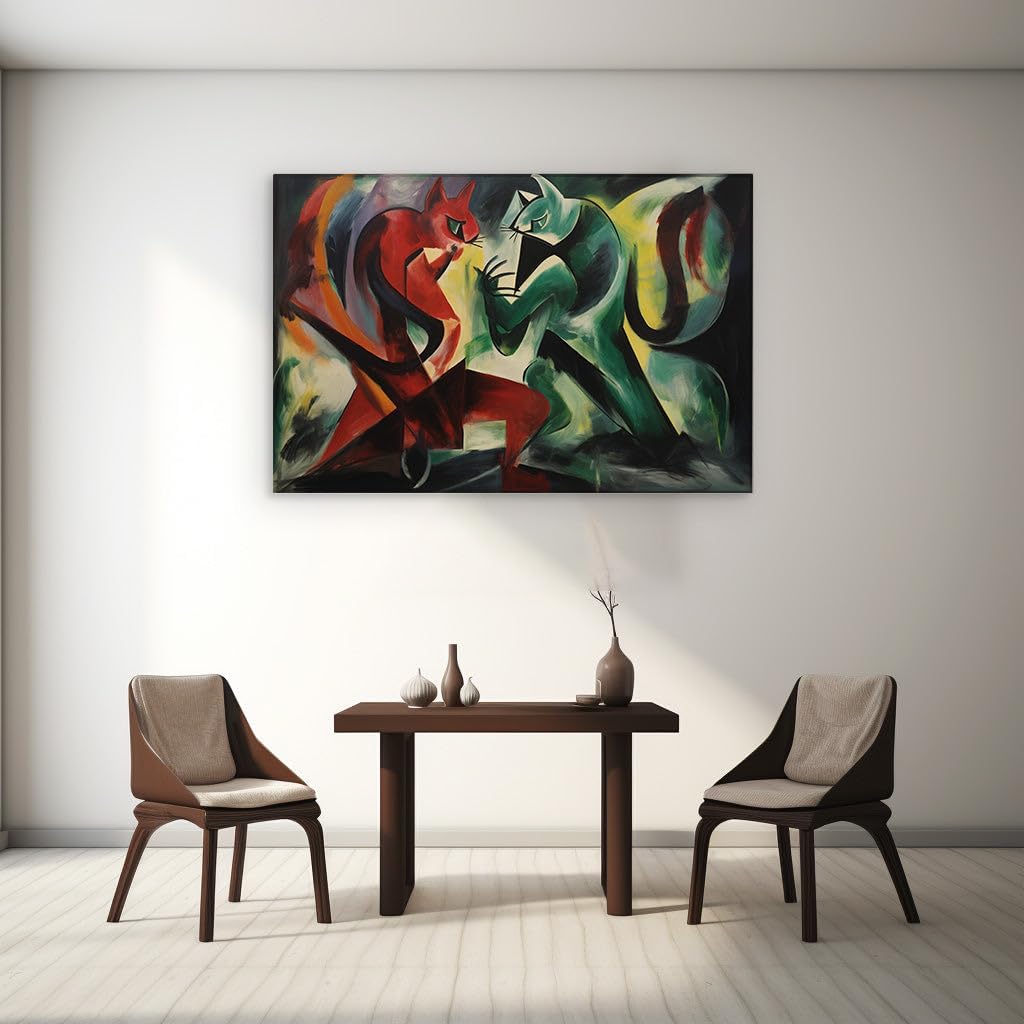 Canvas for Living Room. Dynamic Feline Contrasts A Vivid Dance of Colors in Franz Marc's 1913 Masterpiece The Cats, 27 x 18 inch Canvas Wall Art - Kids Fantasy and Magic - Nature Home Decor