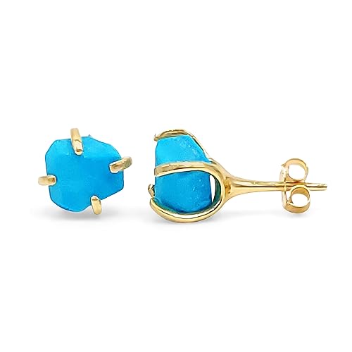 Natural raw turquoise stud earrings with yellow gold over 925 sterling silver, 6 to 8mm rough genuine December birthstone gift for her, Uniquelan