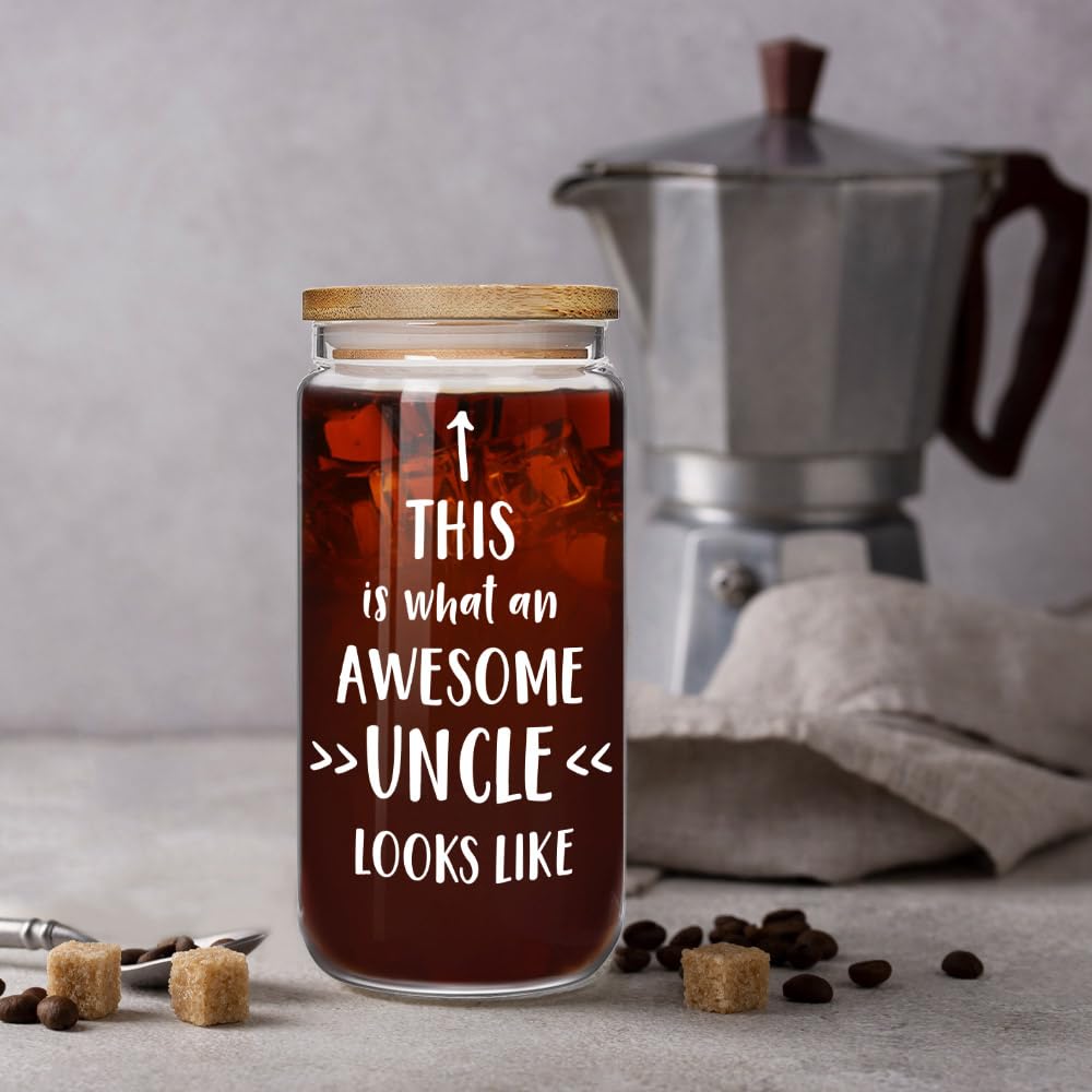 Best Uncle Ever Glass Cup Father's Day Gift for Men Uncles Godfather from Niece Nephew-This is What an Awesome Uncle Looks Like, Happy Birthday Glass Cup 16oz with Bamboo Lid & Straw Gift for Uncles