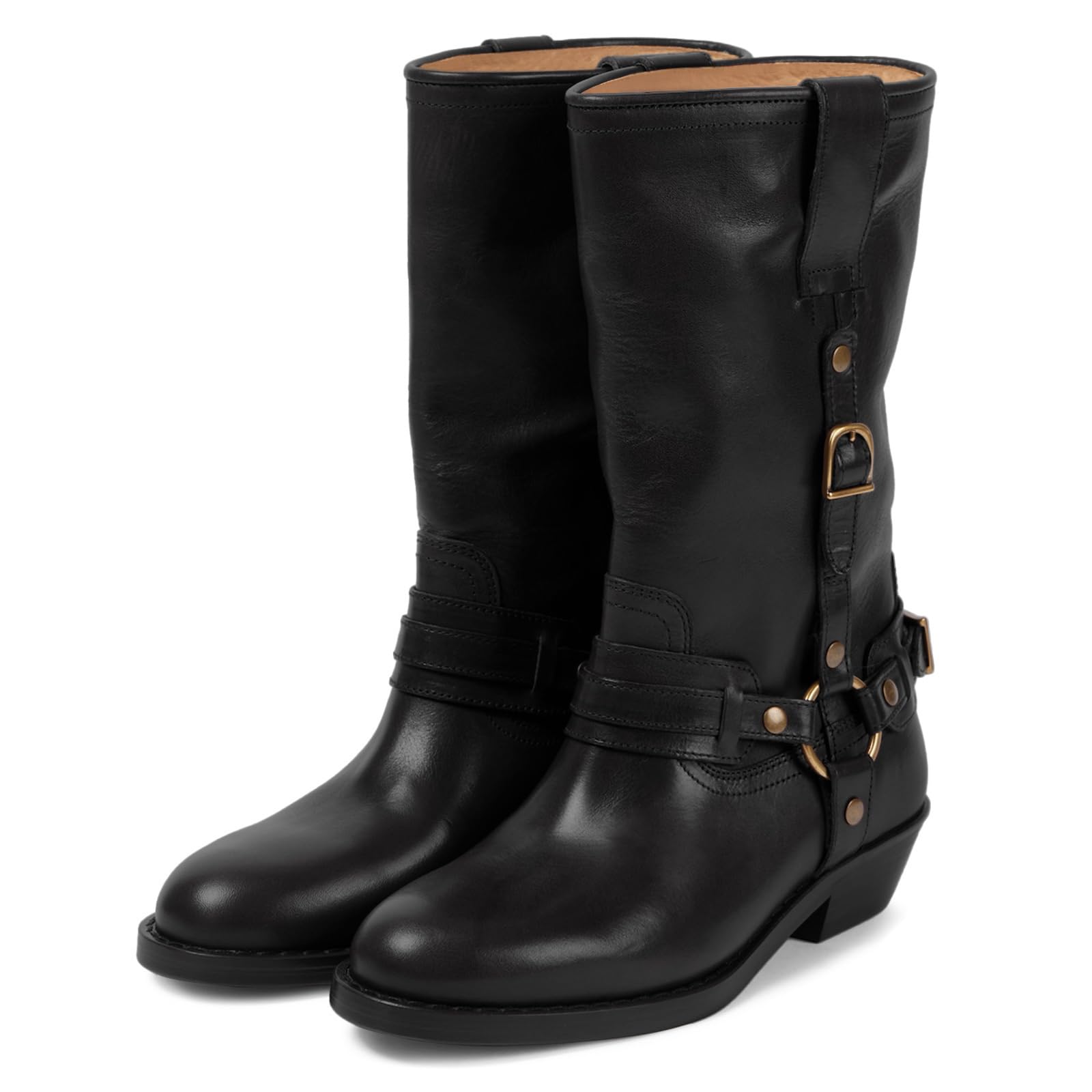 Elbslutt Mid Calf Boots For Women Chunky Low Heel Riding Booties Motorcycle Biker Round Toe Fashion Buckle Western